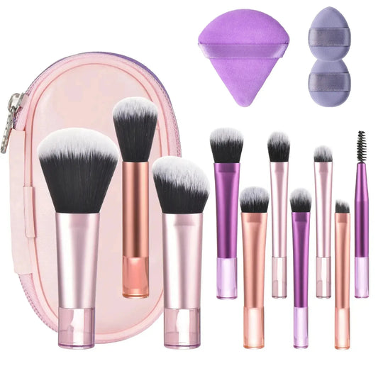 10-Piece Mini Makeup Brush Set - Travel Size Palm Brush with Puff, Professional Portable Makeup Tools for On-The-Go