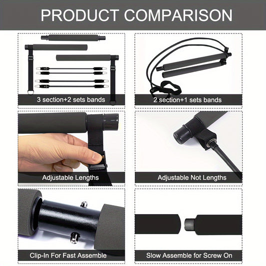 Adjustable 3-Section Pilates Bar Kit With 4 Resistance Bands (30 & 50lbs), Portable Home Workout Equipment For Full Body Fitness, With Ankle Straps, Door Anchor & Buckles