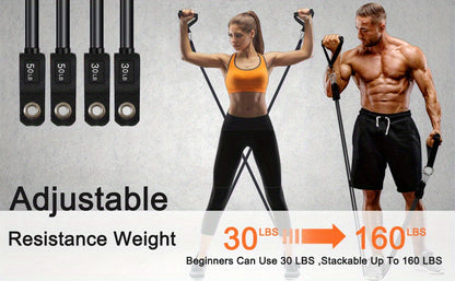 Adjustable 3-Section Pilates Bar Kit With 4 Resistance Bands (30 & 50lbs), Portable Home Workout Equipment For Full Body Fitness, With Ankle Straps, Door Anchor & Buckles