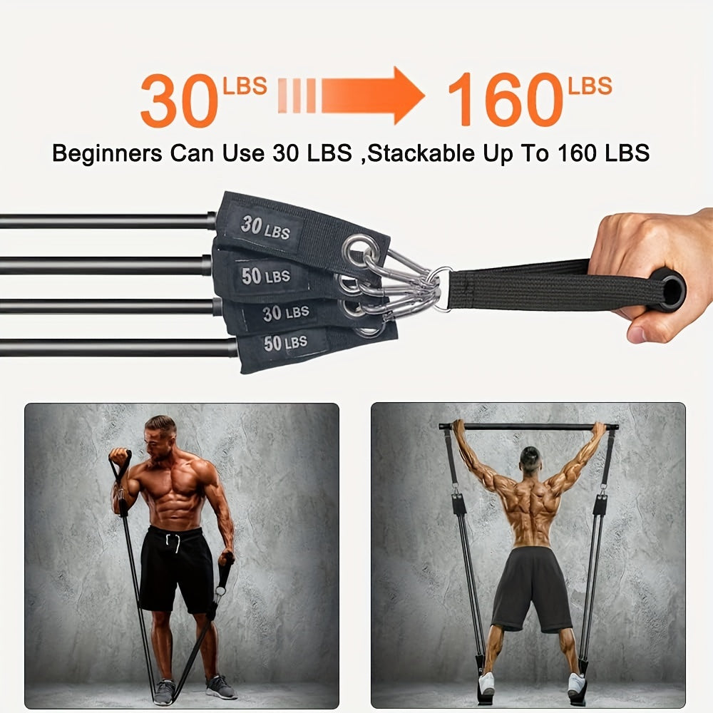 Adjustable 3-Section Pilates Bar Kit With 4 Resistance Bands (30 & 50lbs), Portable Home Workout Equipment For Full Body Fitness, With Ankle Straps, Door Anchor & Buckles