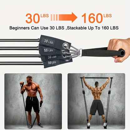 Adjustable 3-Section Pilates Bar Kit With 4 Resistance Bands (30 & 50lbs), Portable Home Workout Equipment For Full Body Fitness, With Ankle Straps, Door Anchor & Buckles