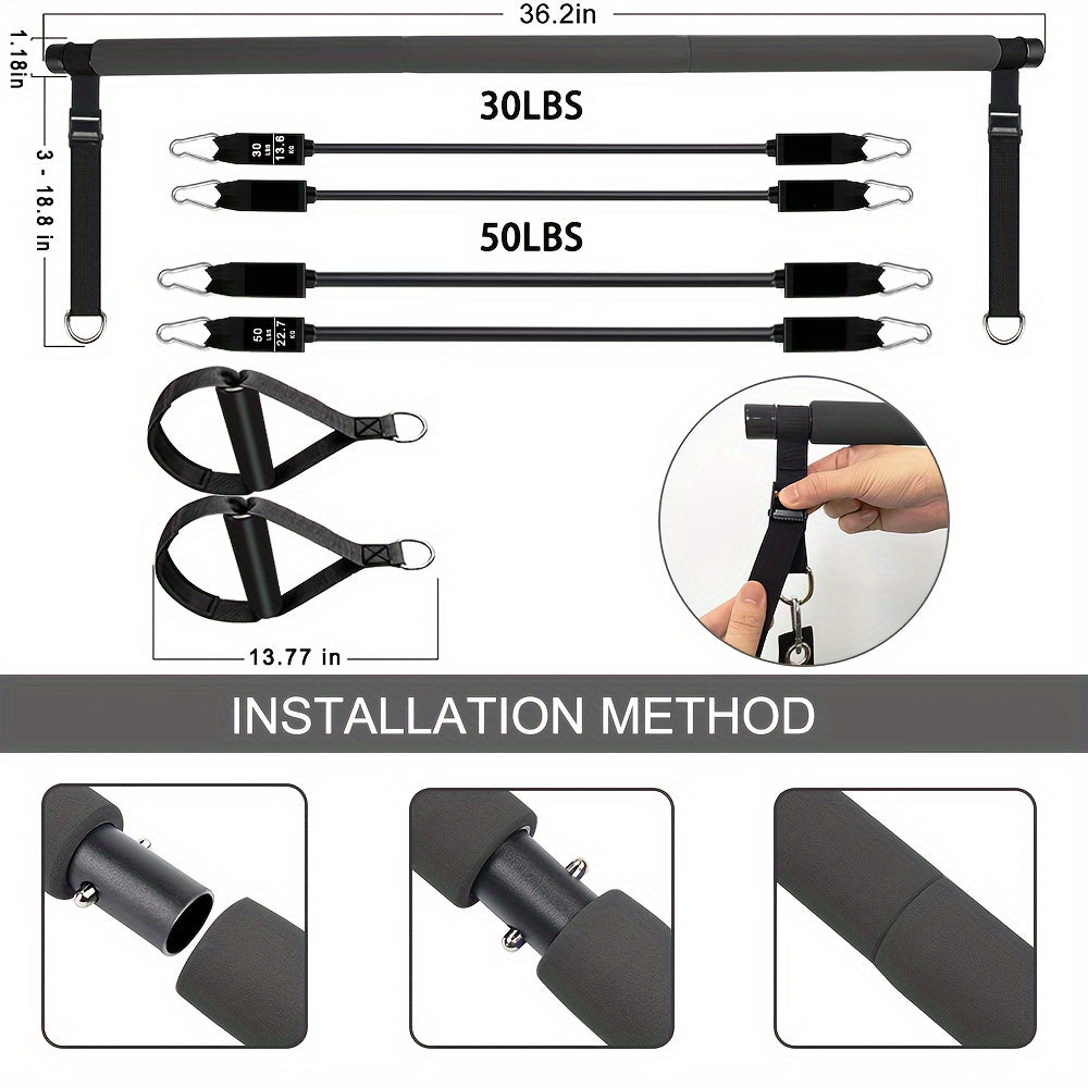 Adjustable 3-Section Pilates Bar Kit With 4 Resistance Bands (30 & 50lbs), Portable Home Workout Equipment For Full Body Fitness, With Ankle Straps, Door Anchor & Buckles