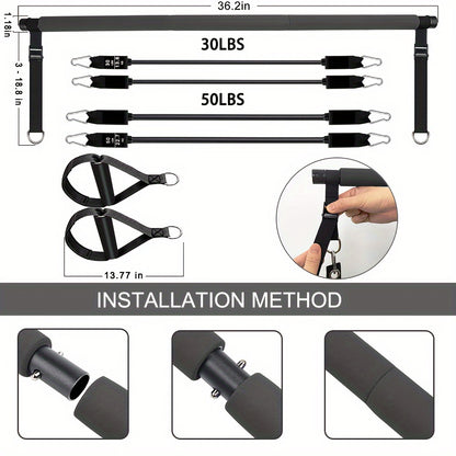 Adjustable 3-Section Pilates Bar Kit With 4 Resistance Bands (30 & 50lbs), Portable Home Workout Equipment For Full Body Fitness, With Ankle Straps, Door Anchor & Buckles