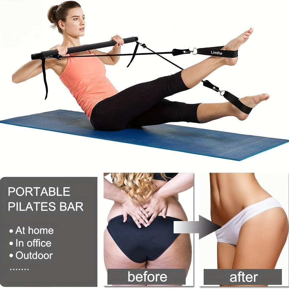 Adjustable 3-Section Pilates Bar Kit With 4 Resistance Bands (30 & 50lbs), Portable Home Workout Equipment For Full Body Fitness, With Ankle Straps, Door Anchor & Buckles