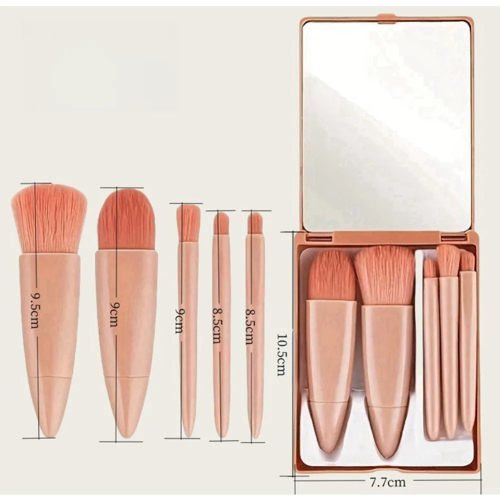 5Pcs Portable Makeup Brush Set with Mirror Foldable Travel Kit Mini Makeup Brush Set Travel Makeup Brush Set Travel Useful Tools