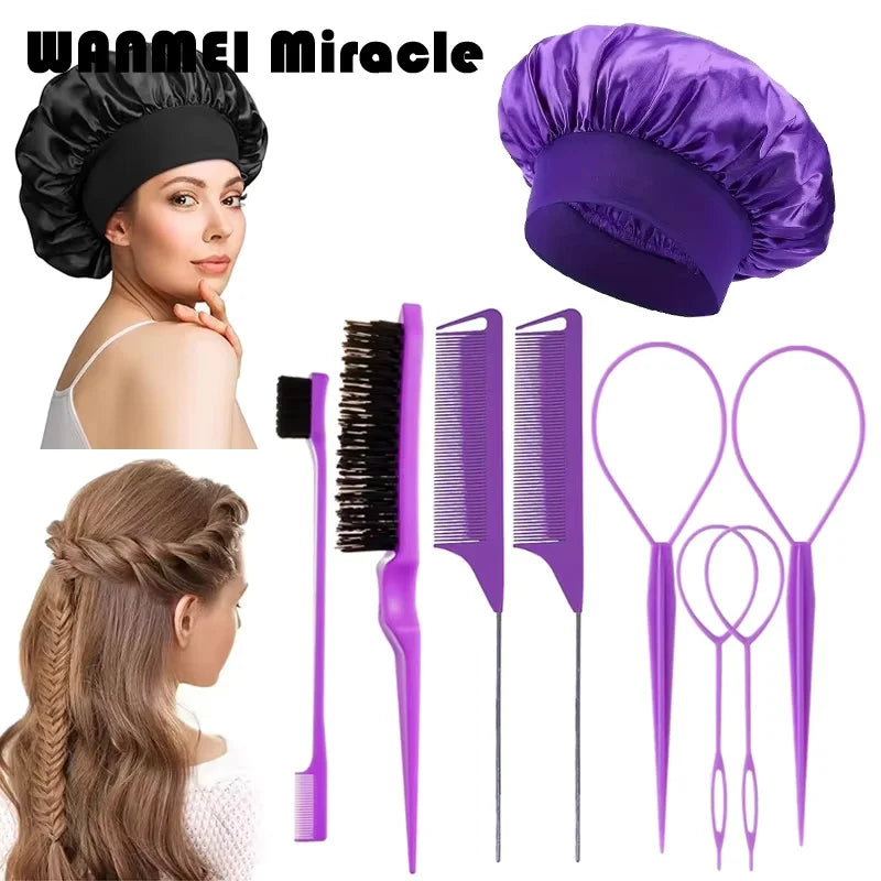 9pcs Hair Accessories Set Braider Satin Bonnet Rat Tail Nylon Bristle Brush Double-side Edge Comb Curly DIY Hair Styling Tools