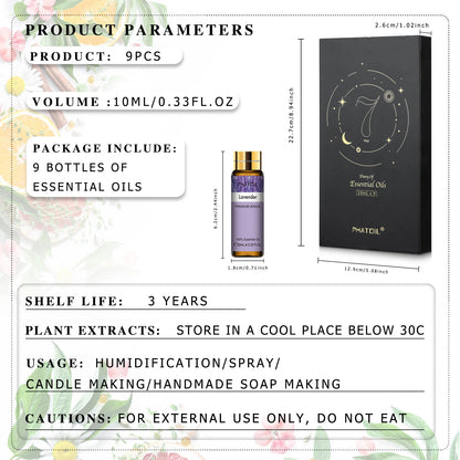 9pcs Essential Oils Set 10ml Pure Natural Gift Set Kit for HumidifIer Diffuser Candles making DIY Soap Aroma Oil for Skin Care
