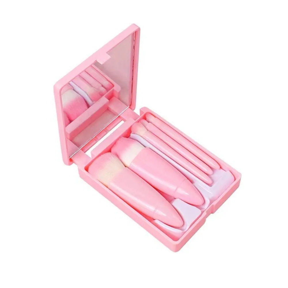5Pcs Portable Makeup Brush Set with Mirror Foldable Travel Kit Mini Makeup Brush Set Travel Makeup Brush Set Travel Useful Tools