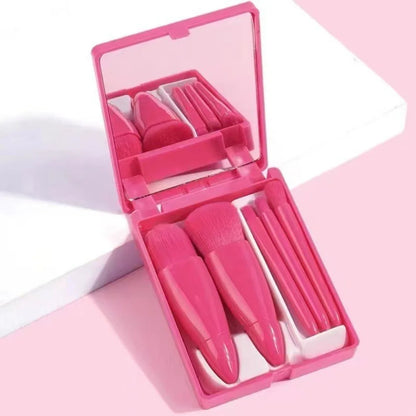 5Pcs Portable Makeup Brush Set with Mirror Foldable Travel Kit Mini Makeup Brush Set Travel Makeup Brush Set Travel Useful Tools