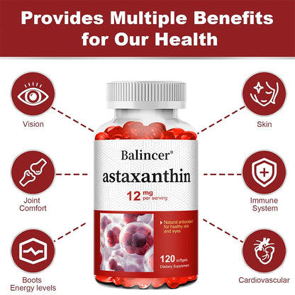 Astaxanthin 12mg - Supports Eye Health, Joint Health, Internal Circulation, Skin Health, Boosts Immunity, Improves Digestion