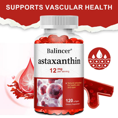 Astaxanthin 12mg - Supports Eye Health, Joint Health, Internal Circulation, Skin Health, Boosts Immunity, Improves Digestion