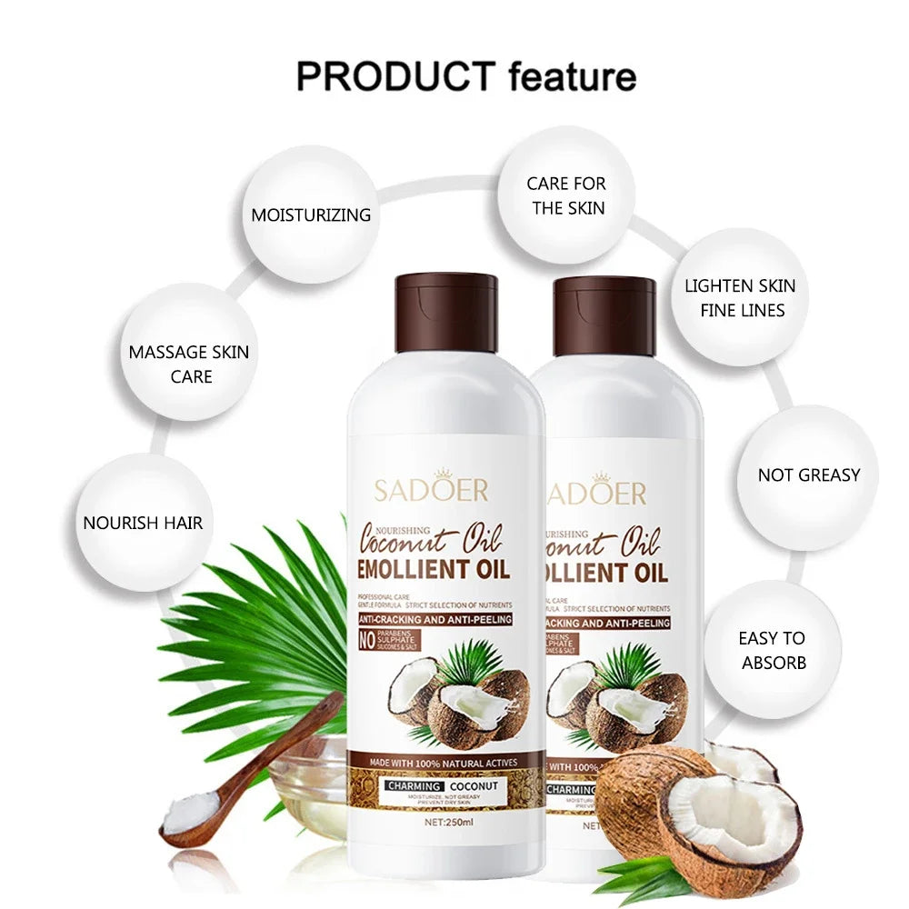 a 250ml Coconut Oil Sooth Dry Skin Lighten Fine Lines Face Massage Oil Nourishes Hair Removes Frizz Hair Care Oil Firming Body