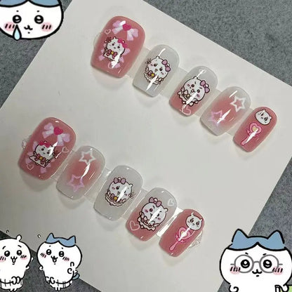 Nail Art Chiikawa ハチワレ Hachiware うさぎ USAGI ちい./かわ Kawaii Wearing Nails Cartoon Nails DIY Short Cute Finished Patches Girls Gifts