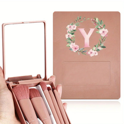 Eye Makeup Brush Set Multi Functional Soft Hair Makeup Tool with Mirror High Beauty Durable Storage Box Wreath Letter Pattern