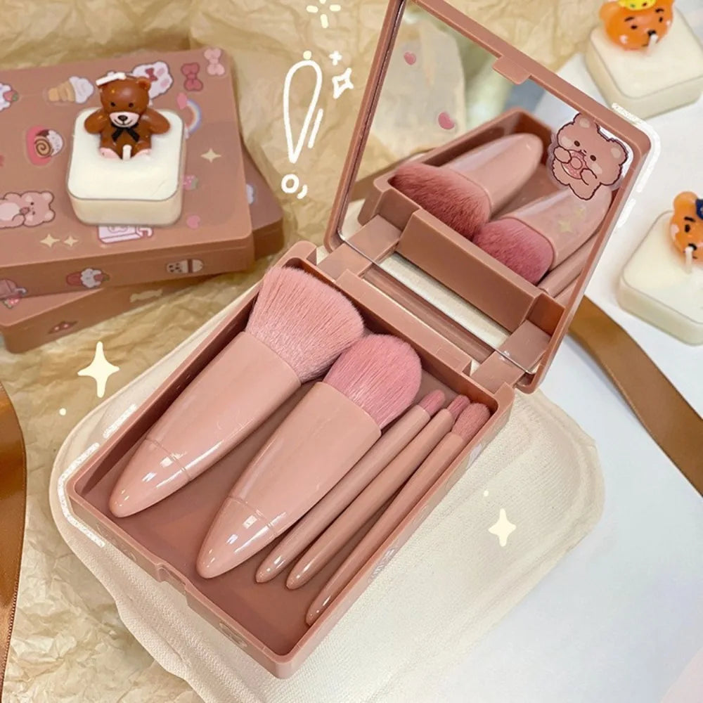 5Pcs Portable Makeup Brush Set with Mirror Foldable Travel Kit Mini Makeup Brush Set Travel Makeup Brush Set Travel Useful Tools