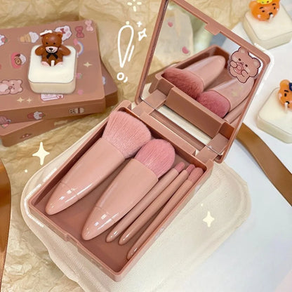 5Pcs Portable Makeup Brush Set with Mirror Foldable Travel Kit Mini Makeup Brush Set Travel Makeup Brush Set Travel Useful Tools
