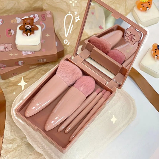 5Pcs Portable Makeup Brush Set with Mirror Foldable Travel Kit Mini Makeup Brush Set Travel Makeup Brush Set Travel Useful Tools