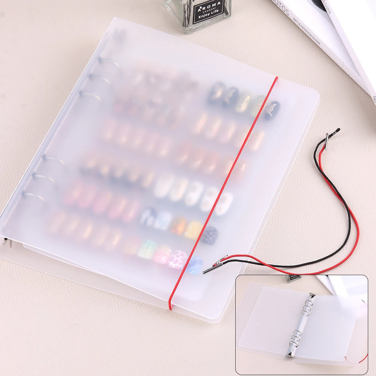 Nail Art Showcase Book, Large Capacity Nail Artwork Storage Book with Card Holder, DIY Simple Design Tools and Display Board