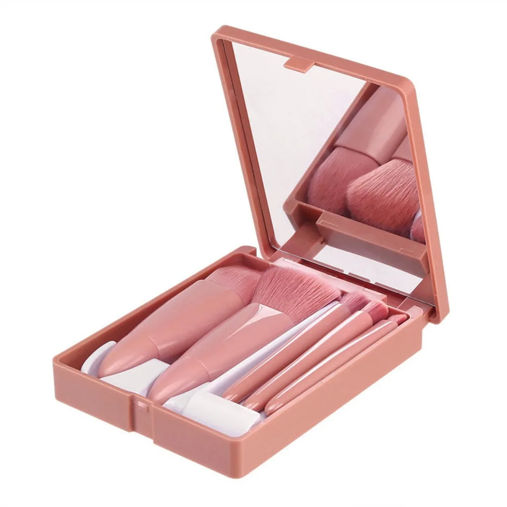 5Pcs Portable Makeup Brush Set with Mirror Foldable Travel Kit Mini Makeup Brush Set Travel Makeup Brush Set Travel Useful Tools