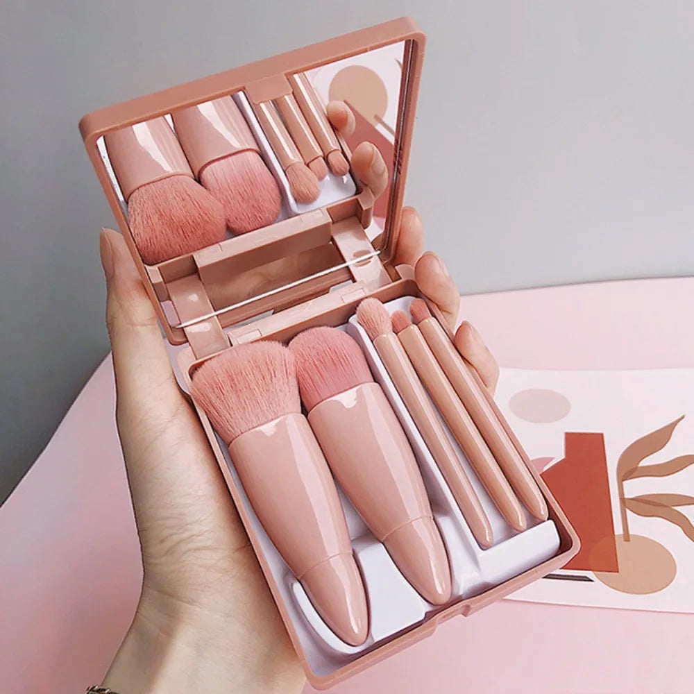 5Pcs Portable Makeup Brush Set with Mirror Foldable Travel Kit Mini Makeup Brush Set Travel Makeup Brush Set Travel Useful Tools