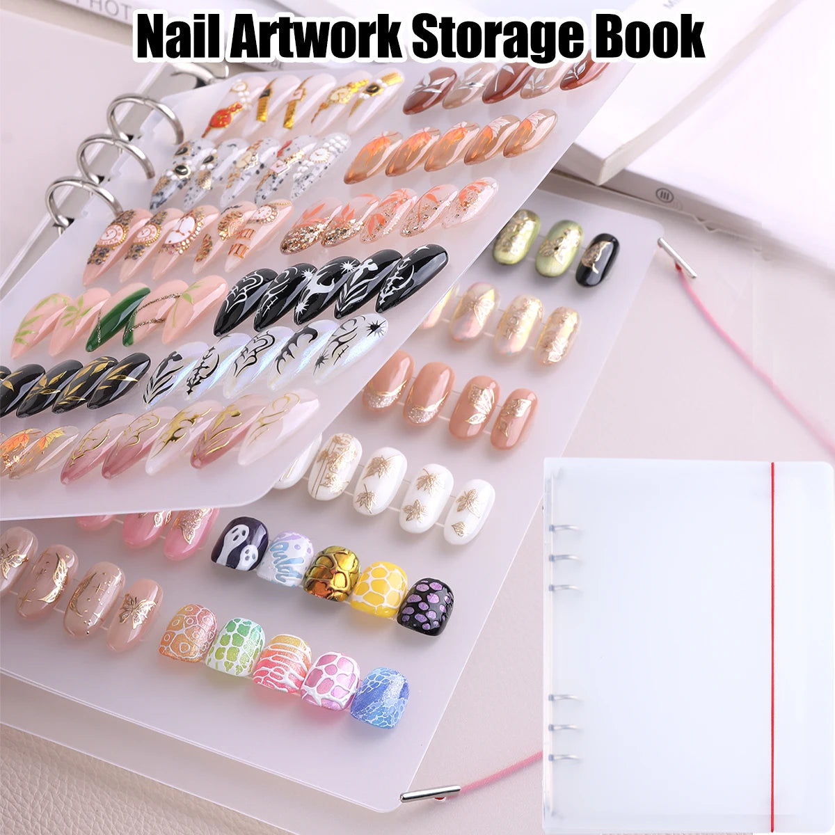 Nail Art Showcase Book, Large Capacity Nail Artwork Storage Book with Card Holder, DIY Simple Design Tools and Display Board