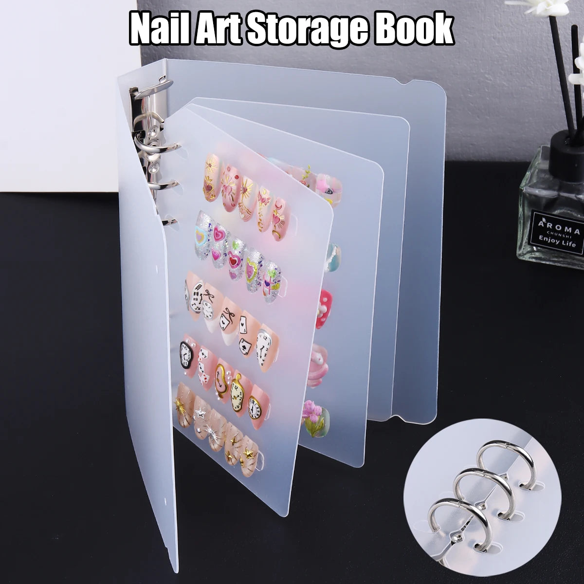 Nail Art Showcase Book, Large Capacity Nail Artwork Storage Book with Card Holder, DIY Simple Design Tools and Display Board