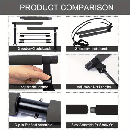 Adjustable 3-Section Pilates Bar Kit With 4 Resistance Bands (30 & 50lbs), Portable Home Workout Equipment For Full Body Fitness, With Ankle Straps, Door Anchor & Buckles