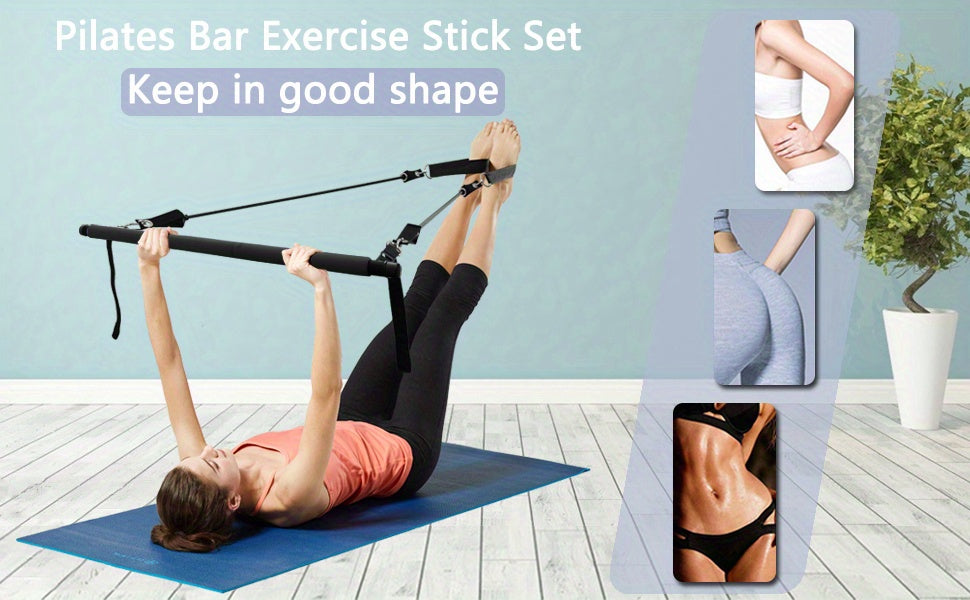 Adjustable 3-Section Pilates Bar Kit With 4 Resistance Bands (30 & 50lbs), Portable Home Workout Equipment For Full Body Fitness, With Ankle Straps, Door Anchor & Buckles
