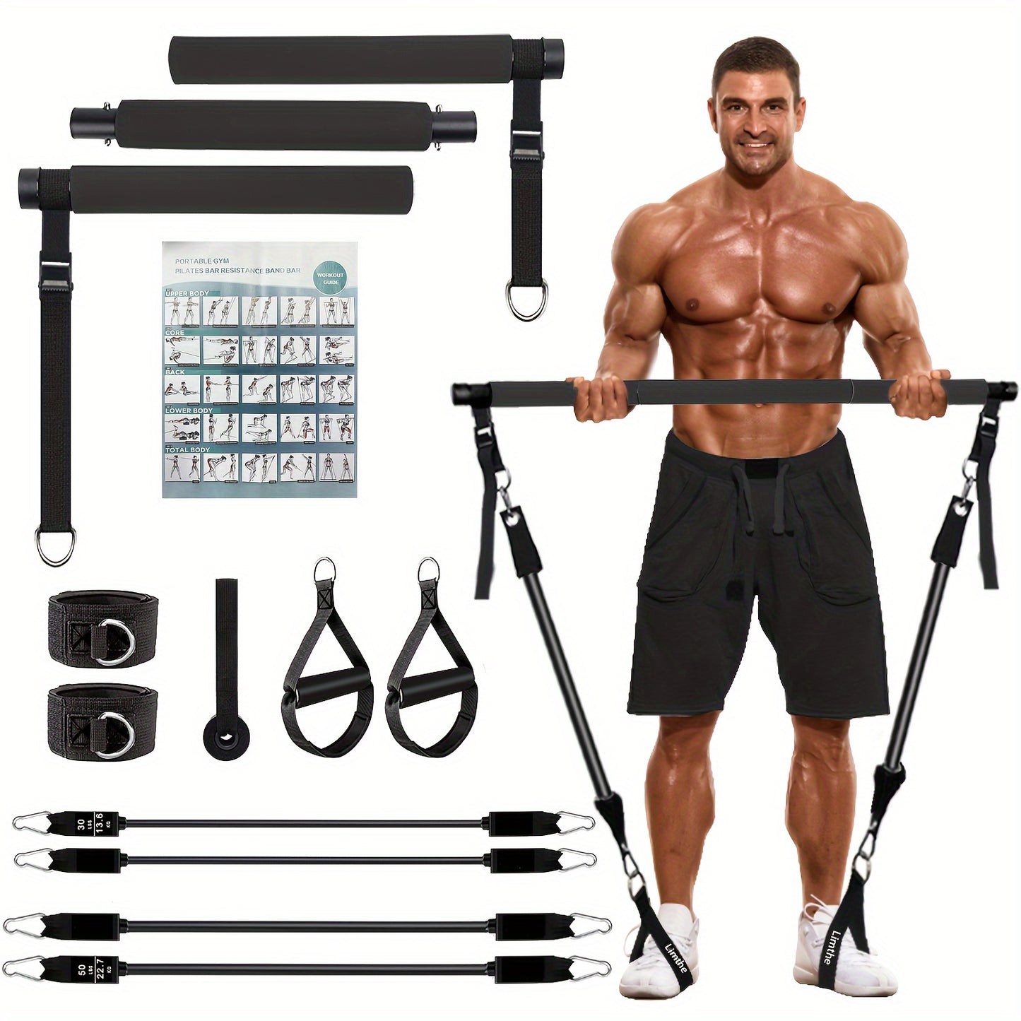 Adjustable 3-Section Pilates Bar Kit With 4 Resistance Bands (30 & 50lbs), Portable Home Workout Equipment For Full Body Fitness, With Ankle Straps, Door Anchor & Buckles