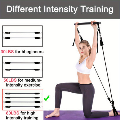Adjustable 3-Section Pilates Bar Kit With 4 Resistance Bands (30 & 50lbs), Portable Home Workout Equipment For Full Body Fitness, With Ankle Straps, Door Anchor & Buckles