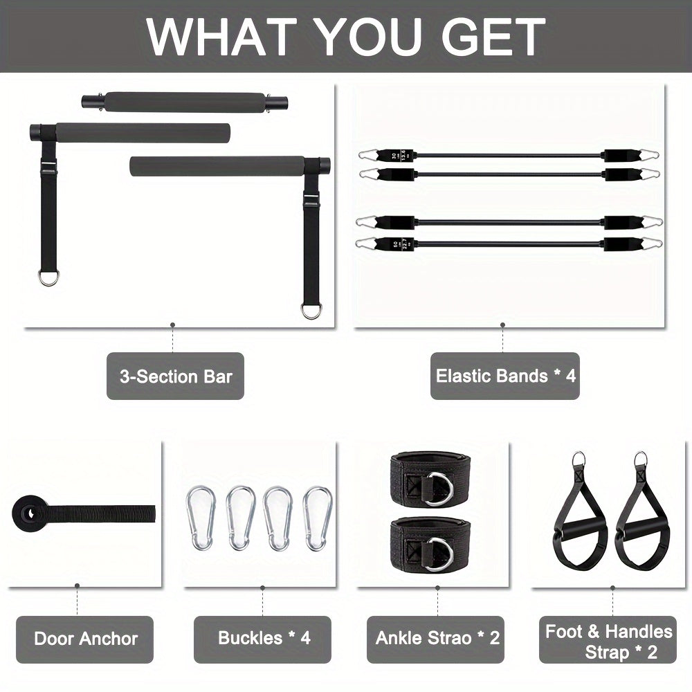 Adjustable 3-Section Pilates Bar Kit With 4 Resistance Bands (30 & 50lbs), Portable Home Workout Equipment For Full Body Fitness, With Ankle Straps, Door Anchor & Buckles