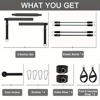 Adjustable 3-Section Pilates Bar Kit With 4 Resistance Bands (30 & 50lbs), Portable Home Workout Equipment For Full Body Fitness, With Ankle Straps, Door Anchor & Buckles